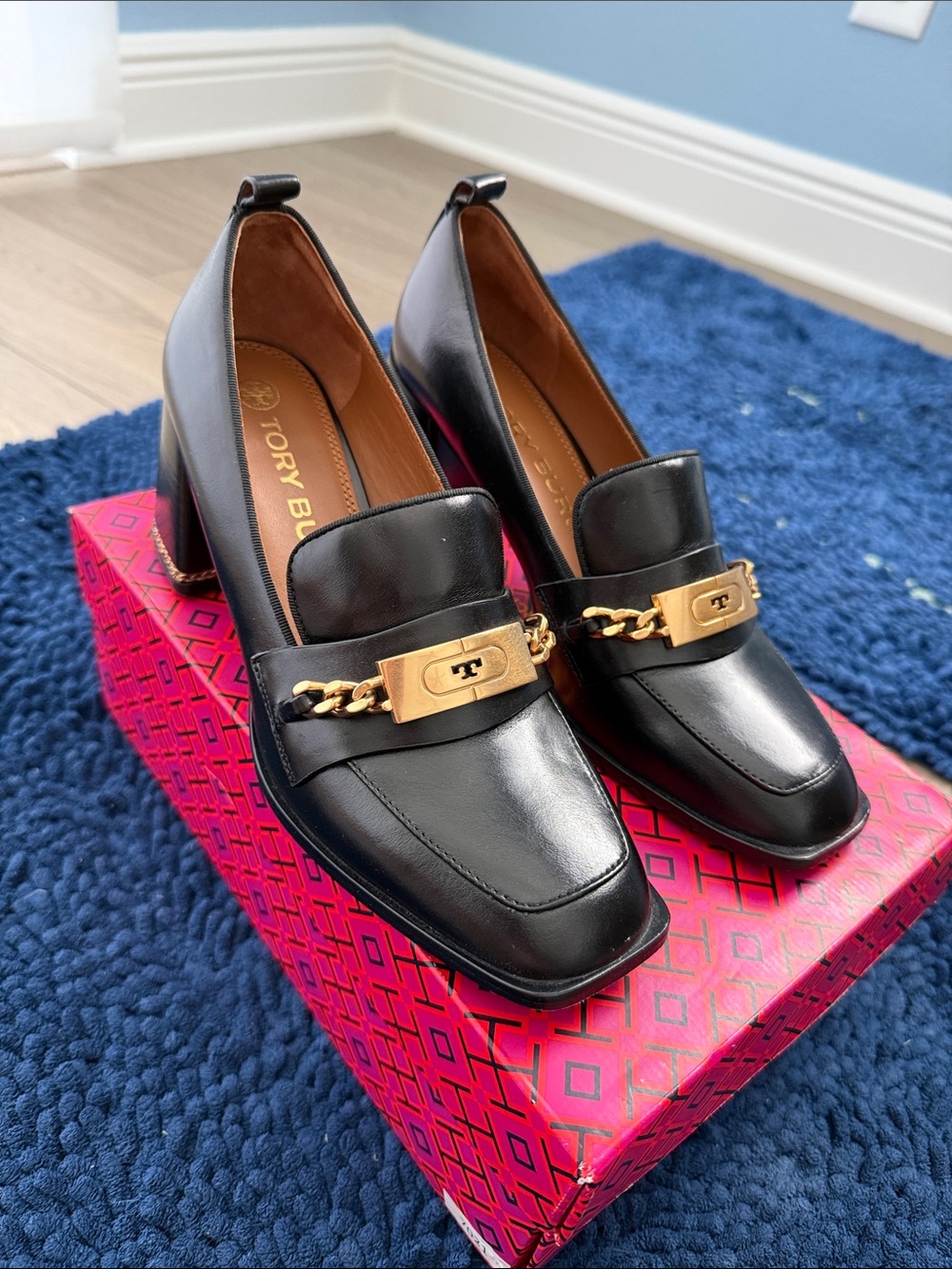 Tory Burch Ruby Black Leather Chain-Link Block Heel Loafers
